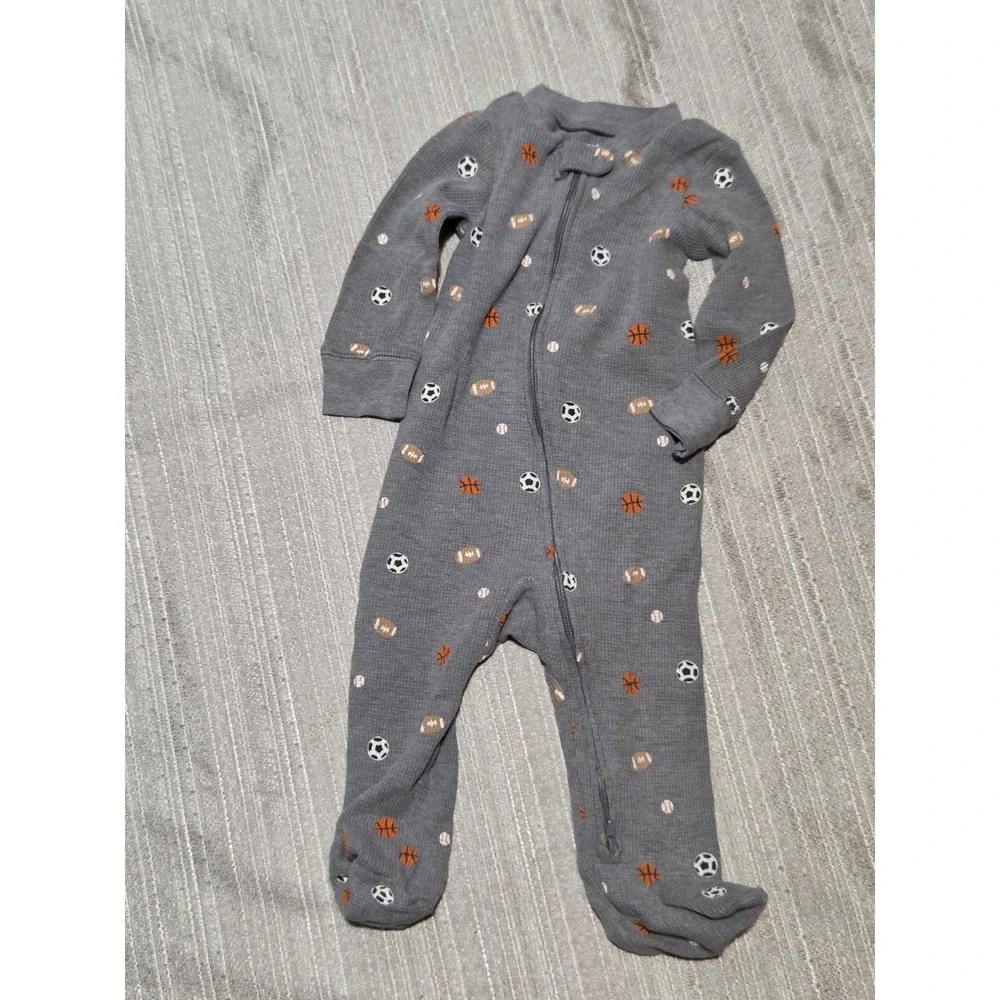 Carters Baby Boys 9M Gray Waffle Knit Thermal Sports Footed Sleeper 2-Way Zip